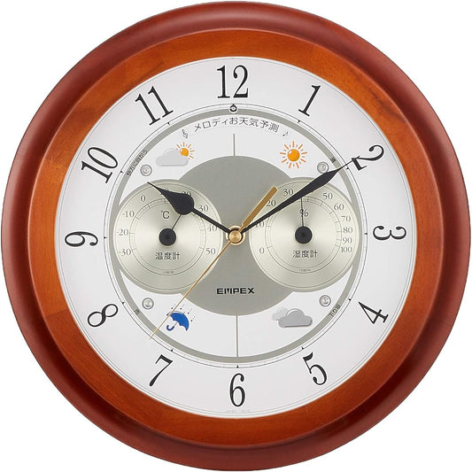 Empex Weather Meter Temperature and Hygrometer Melody Weather Station Grande with Weather Forecast Function for Wall Hanging Made in Japan Brown BW-5078