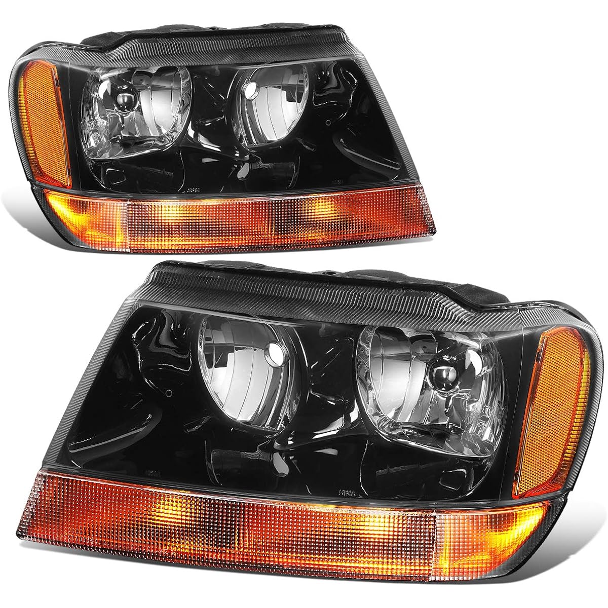 Auto Dynasty Pair Black Housing Amber Reflector Left+Right Headlight Lamp Geep Grand Cheroke WJ 99-04 compatible