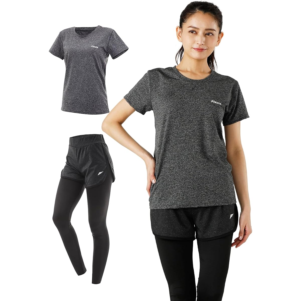 [Flexia] Women's Yoga Wear, Sportswear, Top and Bottom Set, Pants, Leggings, One-piece Yoga Pants, Training Wear, Short Sleeve T-shirt, Tops, Absorbent, Quick Drying [Perfect for Beginners]