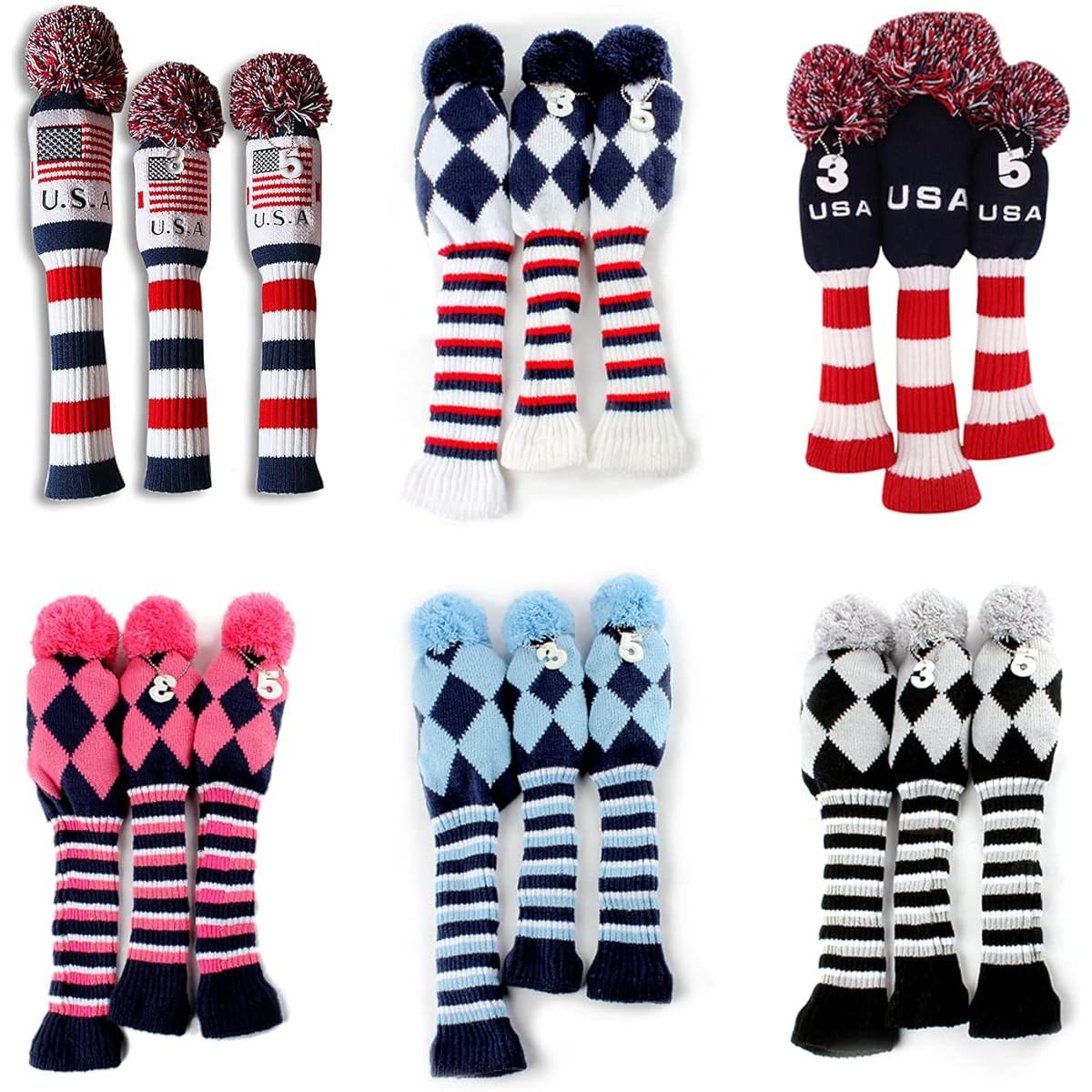 Golf knit cover, head cover, club cover, 3-piece set (1 3 5), long neck for drivers, fairway wood, wood cover for 460cc, number 3, number 5, sock type, easy to put on and take off, washable, cute number pendant included