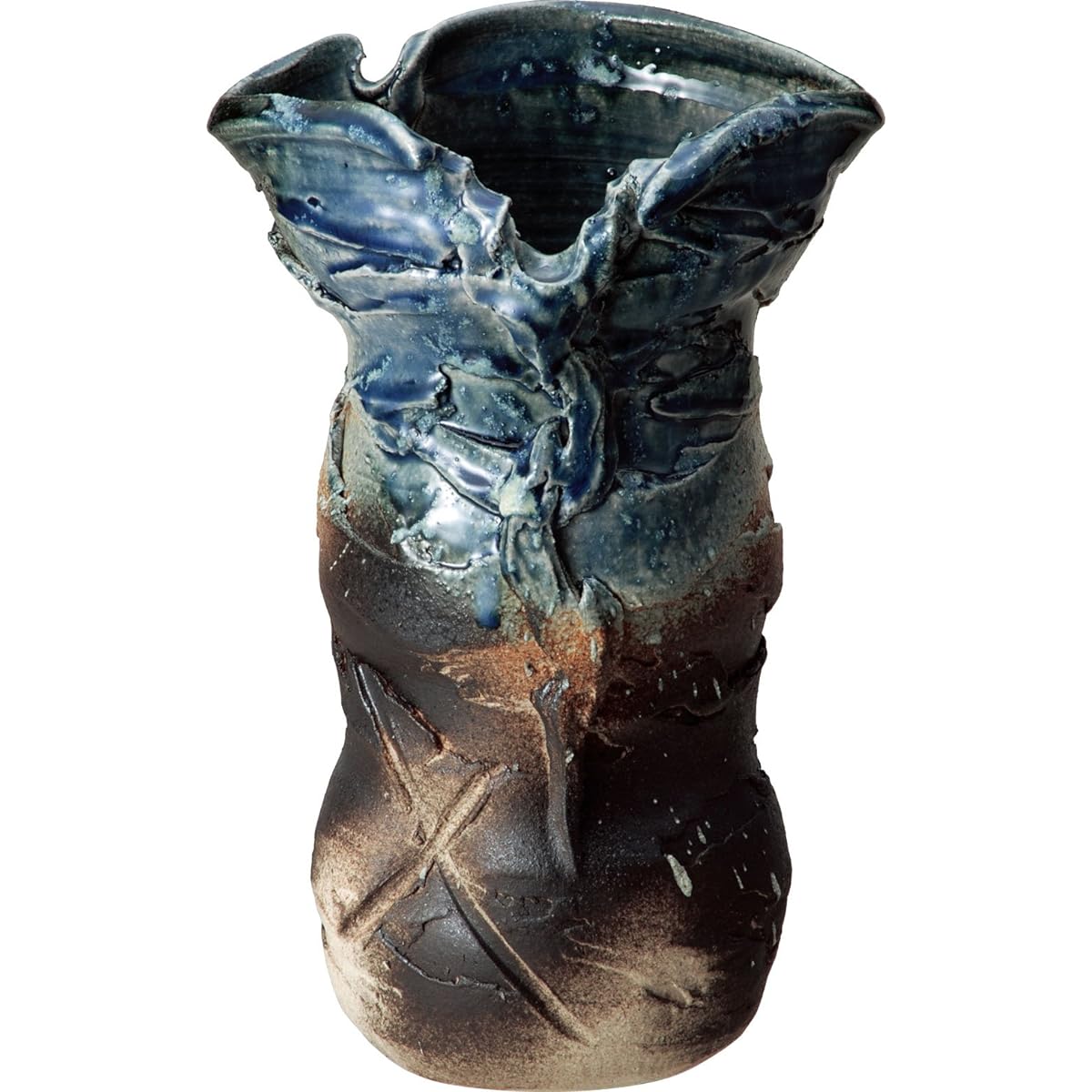 Shigaraki ware vase, blue vidro rough clay vase, width 20 x depth 16 x height 31 cm 512-08