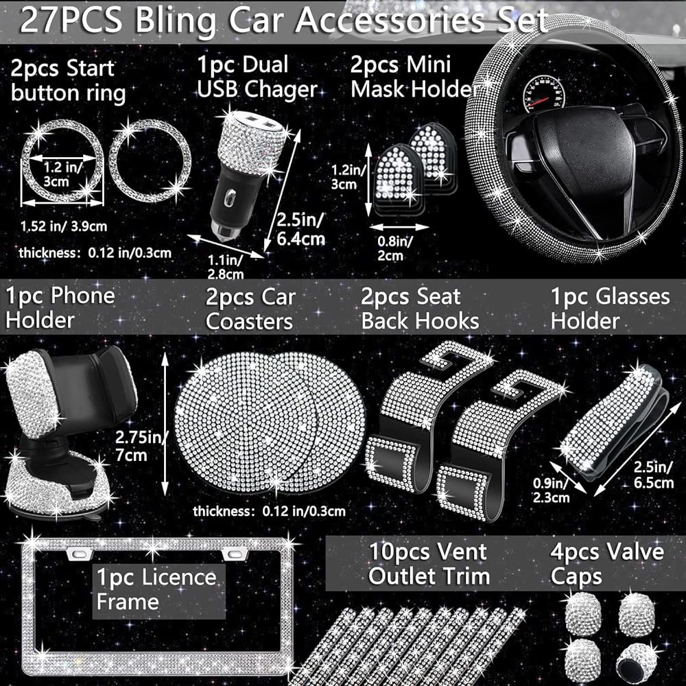 NBTEPEM 27 Piece Glitter Car Accessory Set for Women's Glitter Handle Cover Universal Fit 15 inch Glittering Number Plate Frame Glittering Phone Glitter Car Coaster (Orange Diamond)