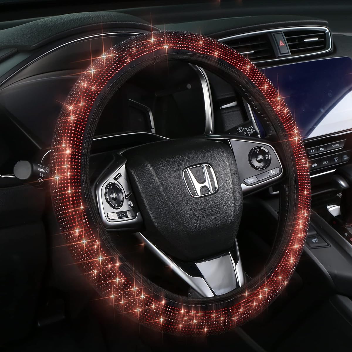 Glitter Line Stone Steering Wheel Cover Crystal Diamond Sparkling Car SUV SUV Anti -ventilation Steering Wheel Protector Ladies Party Birthday Gift (14.2 inch ~ 15.3 inch compatible) Red