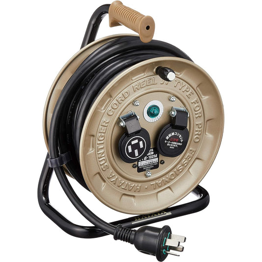HATAYA 3-phase 200V cord reel for indoor use, 200V cord, 10 m, thickness 2.0 mm, compact type, grounded, 2 outlets, outlet with dustproof cap, for home use, factories, construction sites, JTIII-102M