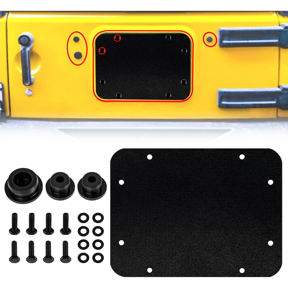 BULING Aluminum Longer Spare Tire Carrier Filler Plate Plate Bent Plate Cover Gate Durable Rubber Plug Set and Factory Bolt 2007-2018 JEEP WRANGLER JK & JKU