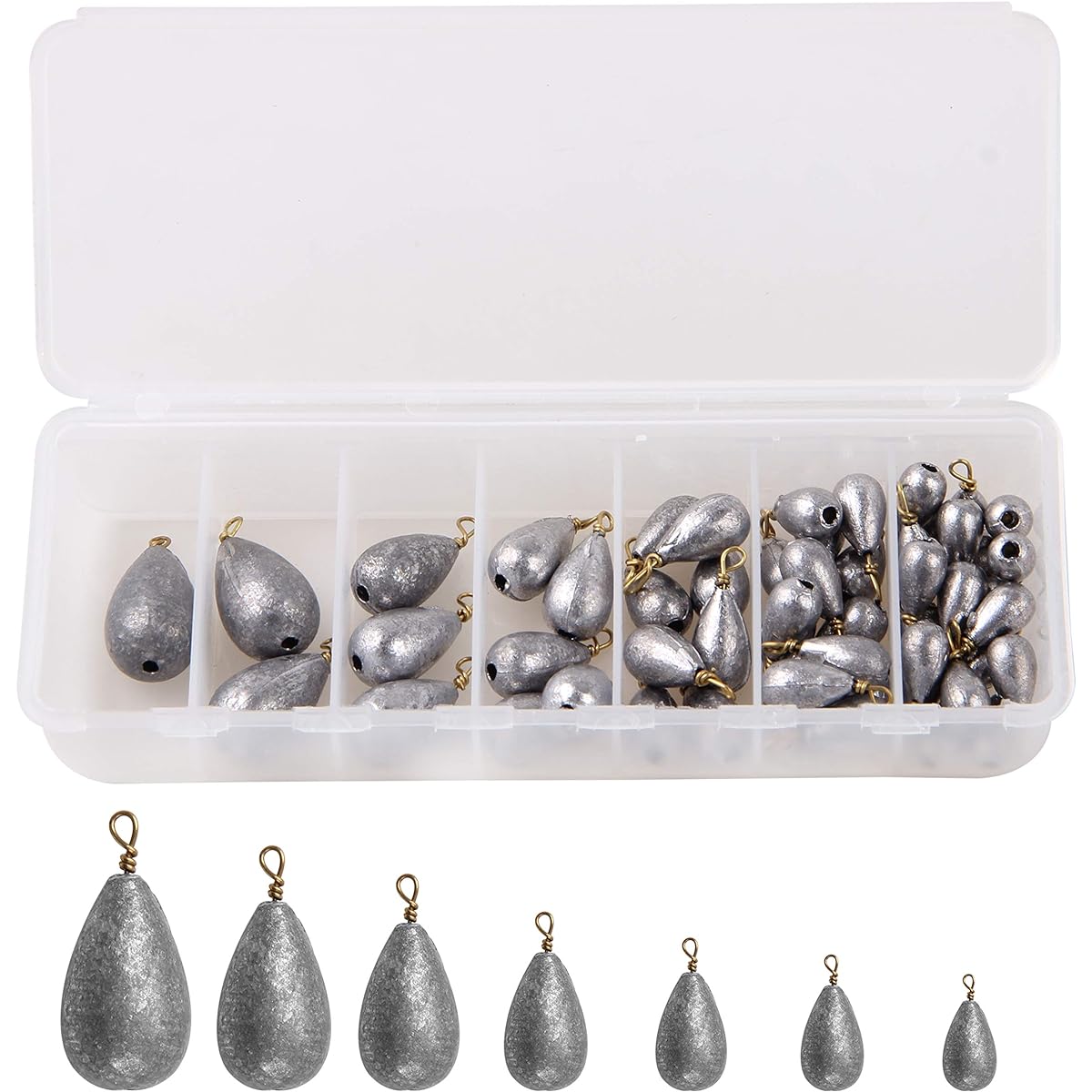 [Set of 54] Weight sinker, eggplant type, economical fishing sinker set, 3.5g, 5g, 7g, 10.6g, 14g, 21g, 28g, 7 sizes, teardrop sinker, bass fishing, worm, with ring, prevents snagging