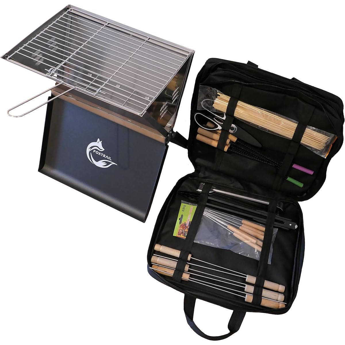 [FOXTRAIL] Folding BBQ Stove with Bag and Grill Tools for 2 to 4 People BBQ Outdoor & Camping Cooking/Bonfire Stand Stainless Steel Notebook Folding BBQ Stove