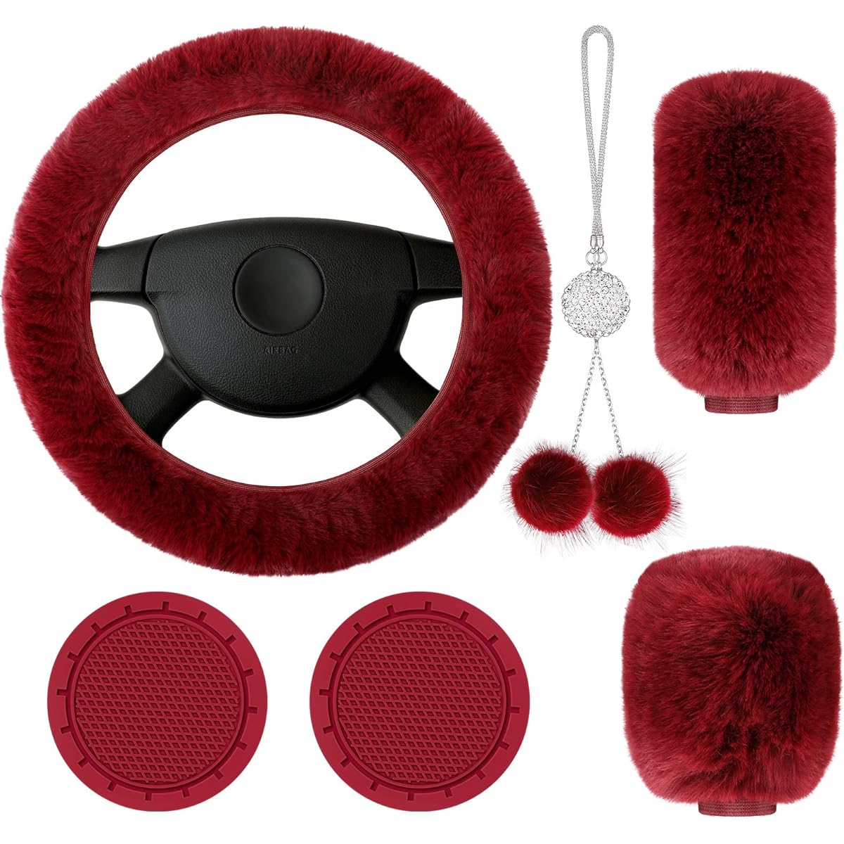 FRIENDA fluffy car accessories 6 -piece set fluffy handle cover soft fluffy hand brake gear shift cover Glitter car mirror accessories 2 piece glitter car coaster (wine red)