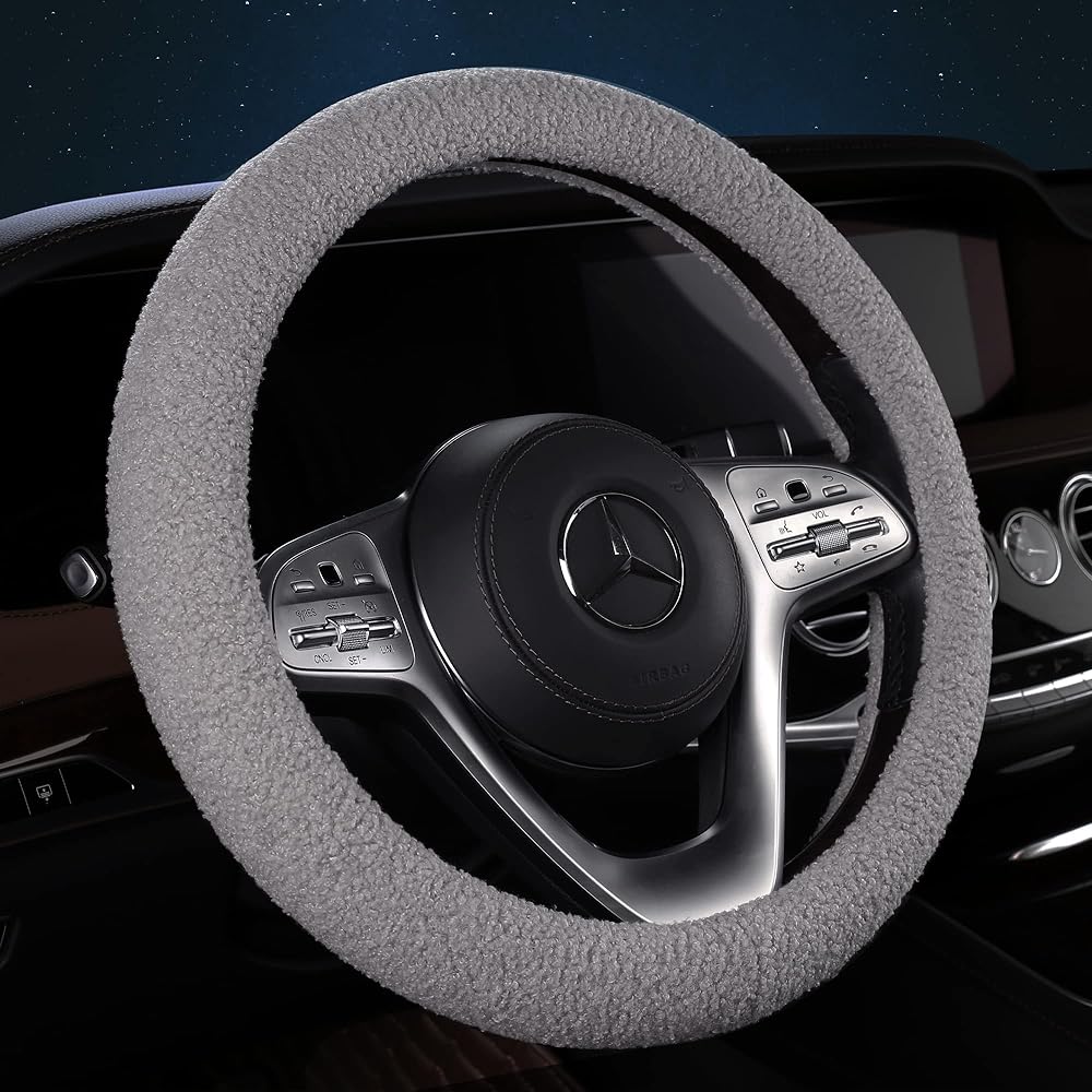 Furry Winter Handle Cover Ladies Girls Soft Short Plash Warm Girley Automobile Interior Accessory Jeep Track F150 Universal Slipping Gray Fazi 15 inch L Size [15 inch 1/2 ~ 16 inches (39 ~ 41cm)