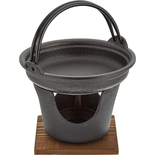 Asahi Iron Nanbu Sukiyaki Pot Stove Set Cast Iron/Wood Stand: Natural Wood Japan QSK41