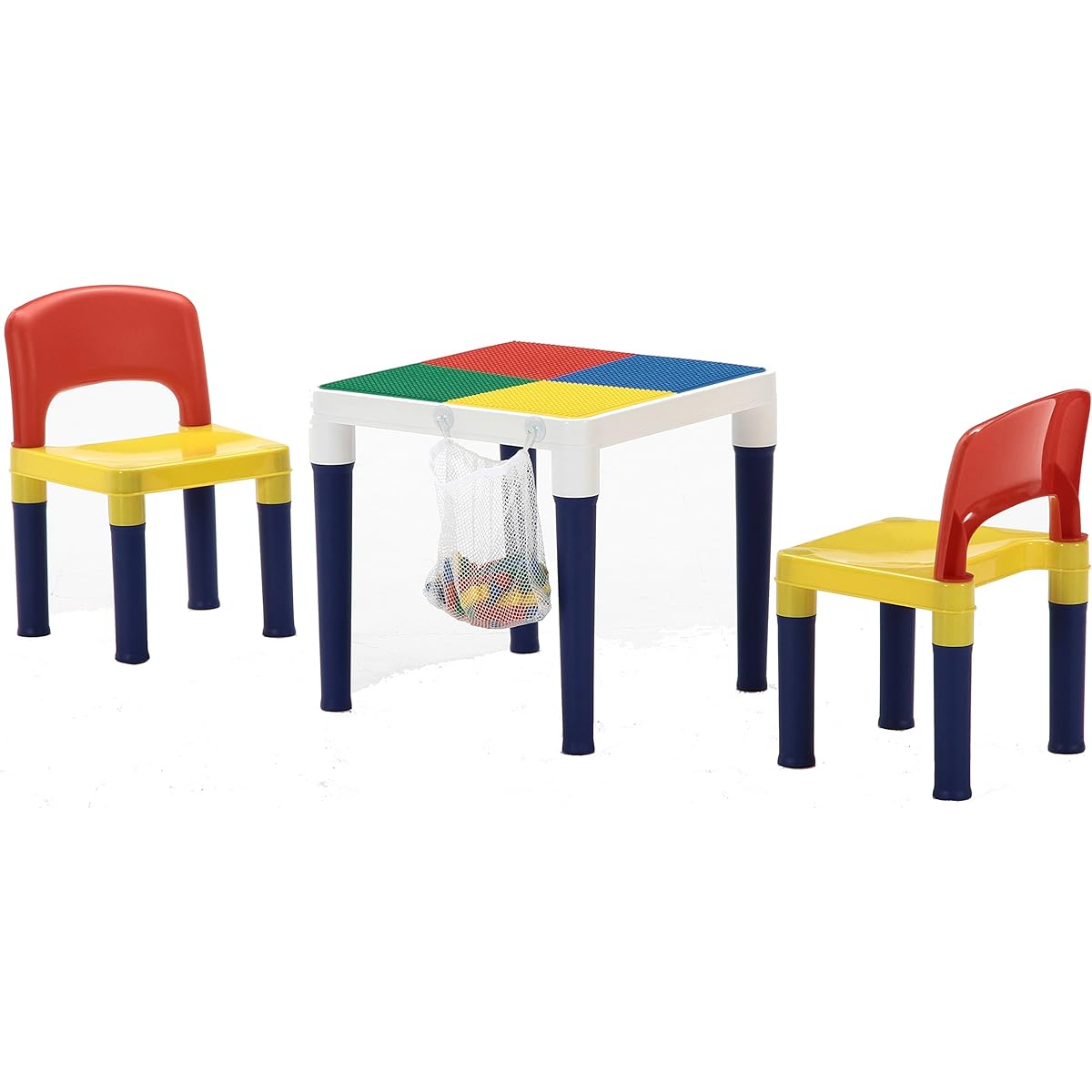 Fuji Boeki Children's Table and Chair 3 Piece Set Width 44 x Depth 44 x Height 42cm Colorful 2 Chairs 2WAY Table 100 Pieces with Blocks 95413