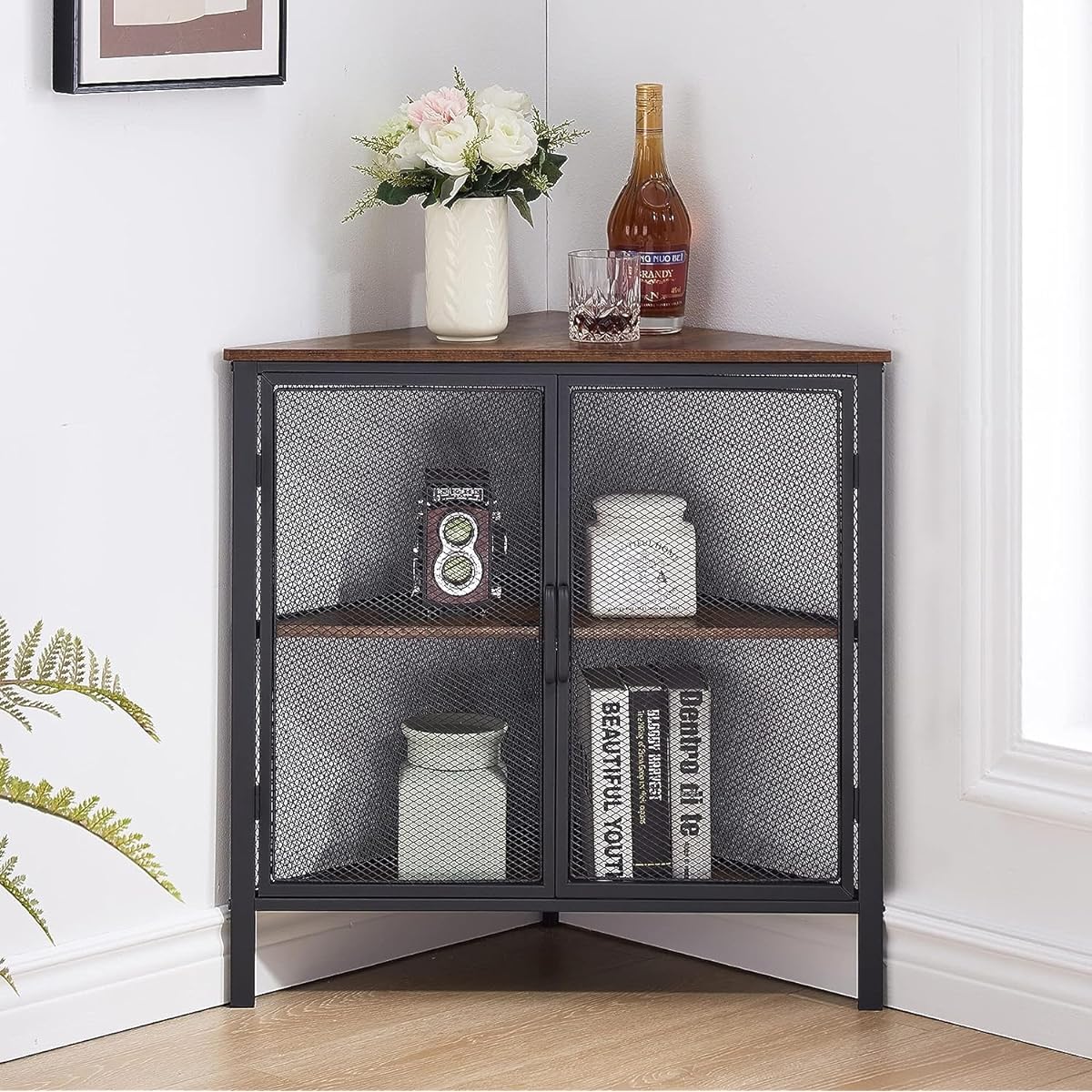 VECELO Corner Rack Corner Shelf with Door Corner Shelf Bookshelf Storage Rack Shelf Brown Width 51.5cm x Depth 51.5cm x Height 70cm Stylish Easy to Assemble Scandinavian Style Space Saving [Authorized Japanese Import]