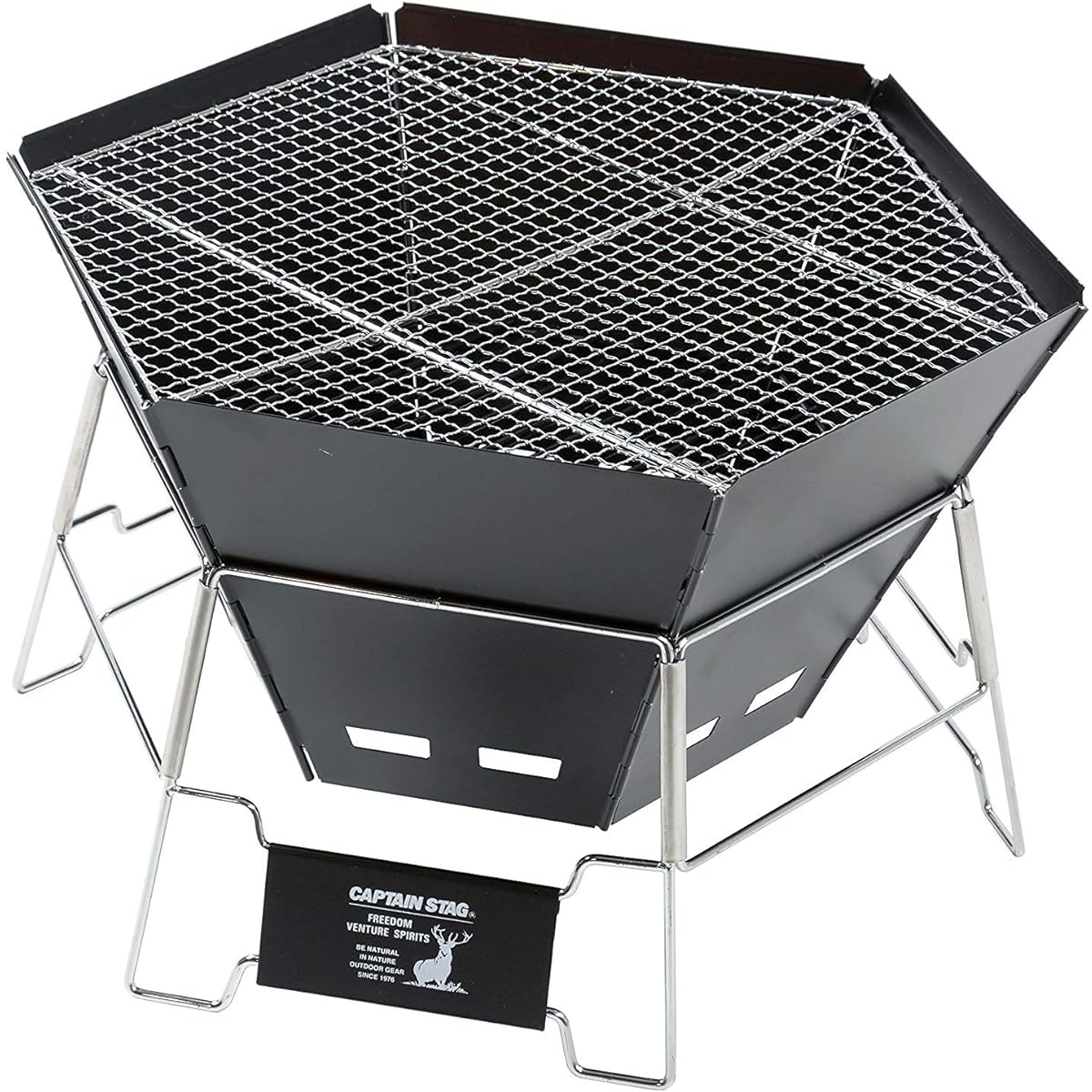 CAPTAIN STAG Barbecue Stove Bonfire Stand Dutch Oven 3 in 1 Hexa Stainless Steel Fire Grill with Bag CS Black Label UG-50