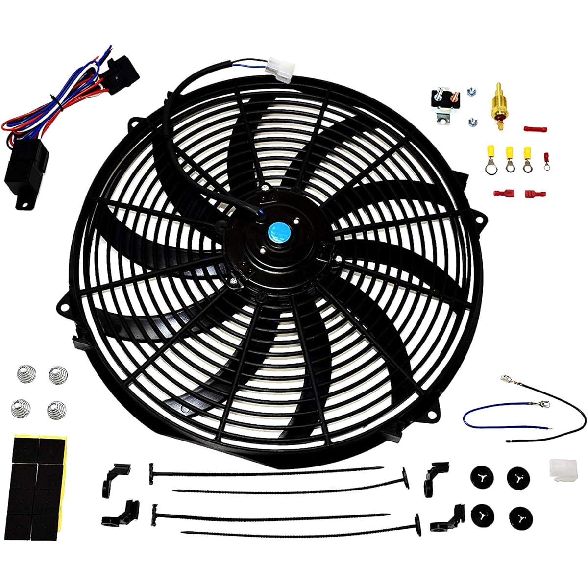 A-TEAM Performance 140041 16 inch electric radiator cooling fanwide S curve 10 blade thermostat kit