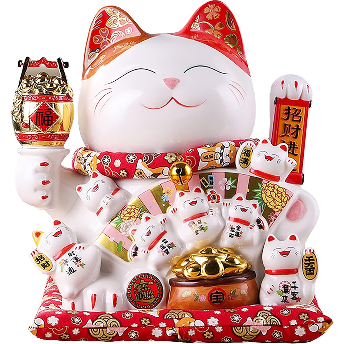 EnergyPower Electric Maneki Neko White Porcelain, Large Premium Model, Zabuton, Battery/USB, Porcelain, Maneki Cat, Hand Drawn, Handmade, Cute Beckoning, Cat, Opening Celebration, Automatically Waving