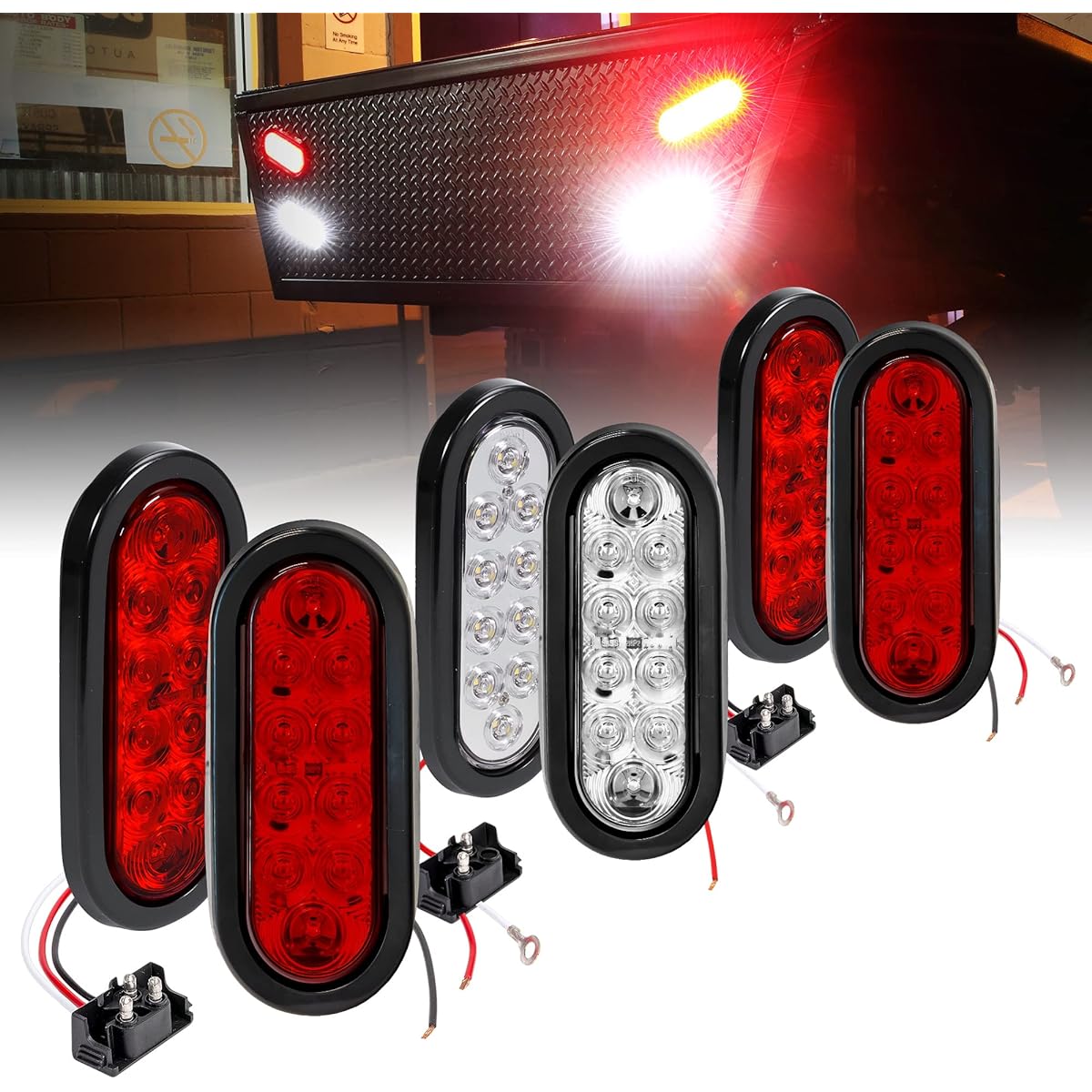 TRUE MODS Red 4 + White 2 6 inch Oval LED Trailer Tail Light Kit [DOT FMVSS 108] [Glomet/Plug attached] [IP67 Waterproof] [Stop brake turns] Backup light marine boat track for RV tracks