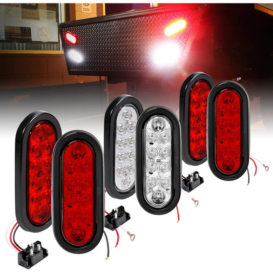 TRUE MODS Red 4 + White 2 6 inch Oval LED Trailer Tail Light Kit [DOT FMVSS 108] [Glomet/Plug attached] [IP67 Waterproof] [Stop brake turns] Backup light marine boat track for RV tracks