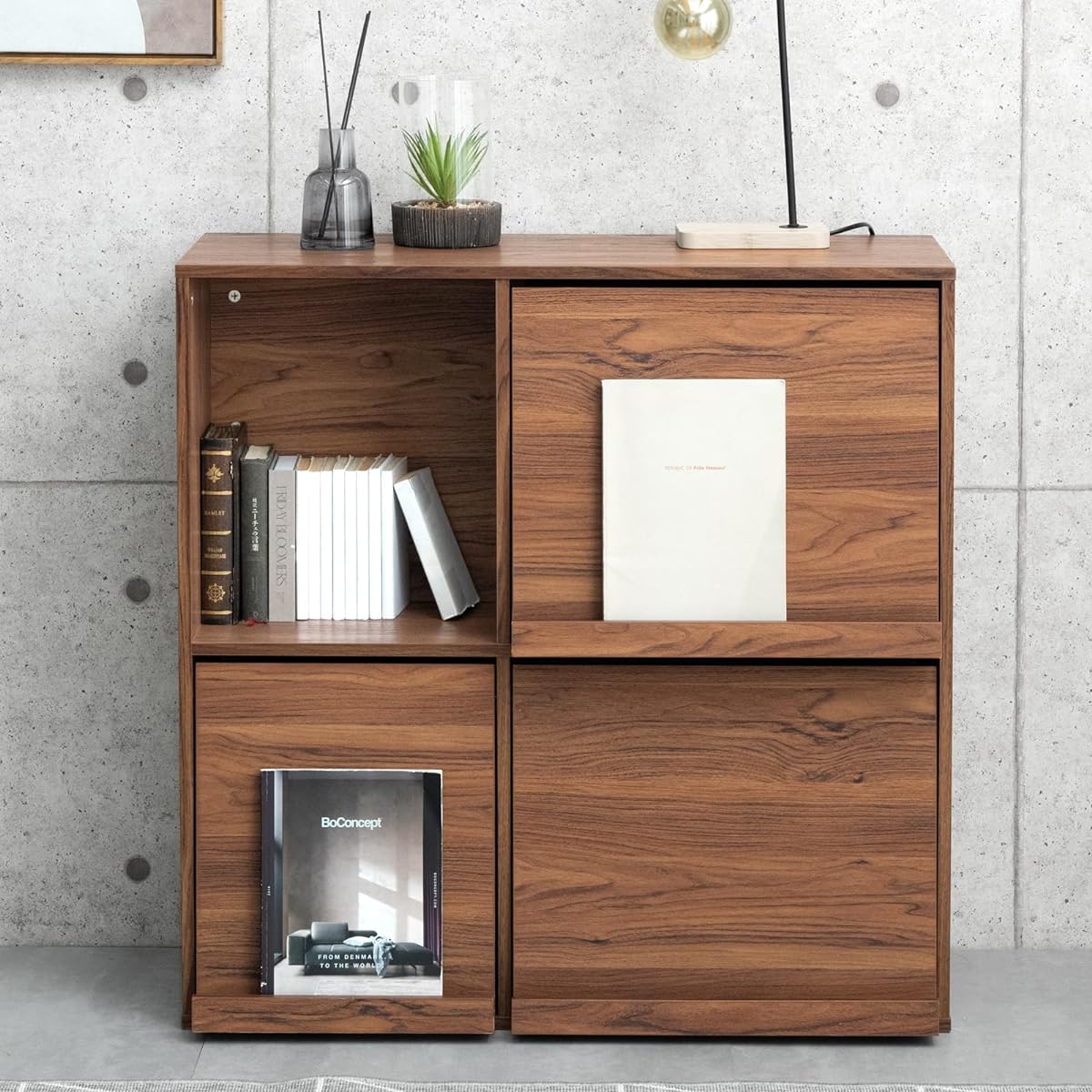Tansu no Gen Flap Chest Width 90 2 Tier Back Storage Room Divider Large Capacity with Door Bookshelf Display Rack Magazine Rack Living Storage 68210001(95597)