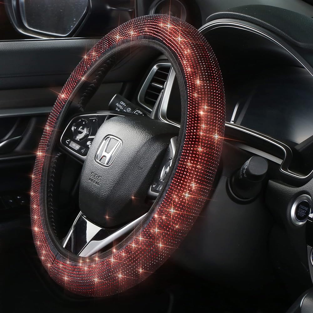 Glitter Line Stone Steering Wheel Cover Crystal Diamond Sparkling Car SUV SUV Anti -ventilation Steering Wheel Protector Ladies Party Birthday Gift (14.2 inch ~ 15.3 inch compatible) Red