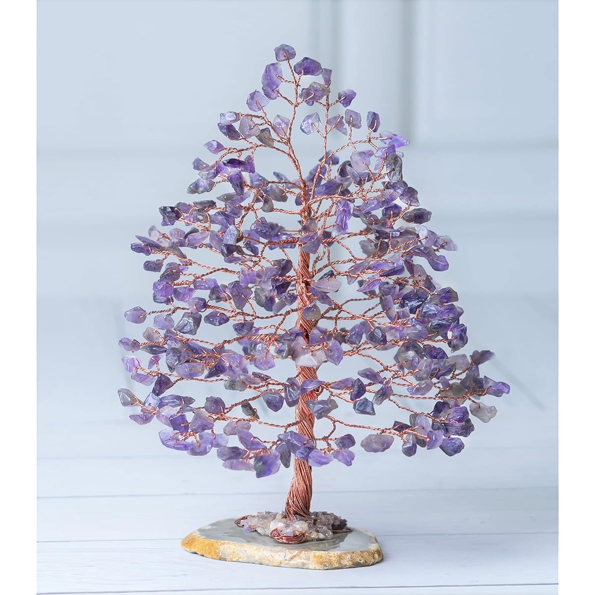 Crocon Amethyst Crystal Tree of Life - Geode Agate Slice Base, Positive Energy Chakra Tree, Handmade Gem Tree, Feng Shui Decoration - Copper Wire Money Bonsai, Healing Stone Gem, Luck, Spiritual Gift