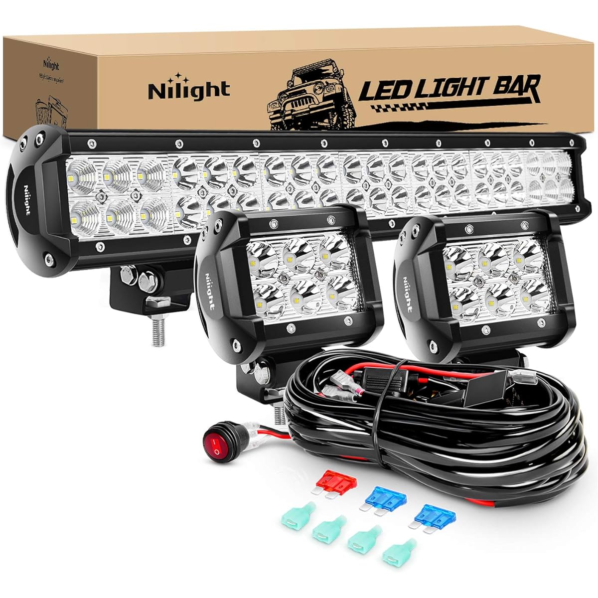 NILIGHT ZH002 LED Light Bar and DRIVING LIGHT (OFF ROAD wiring harness 20 inch 126 W spot flood combo, 4 inch 18 W spot, 1 pack