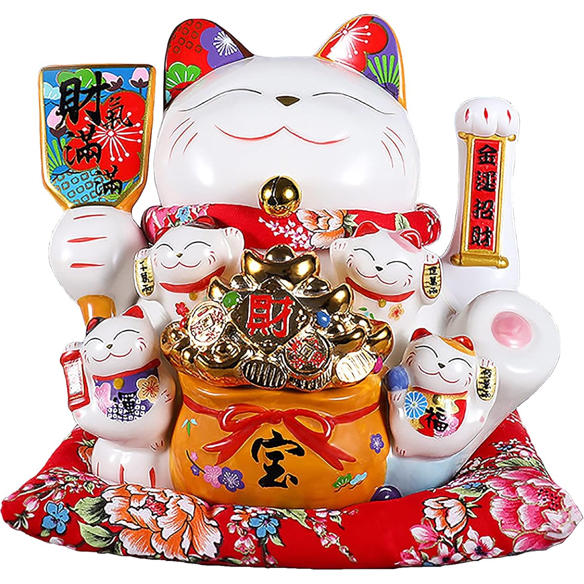 EnergyPower Electric Maneki Neko White Porcelain, Large Premium Model, Zabuton, Battery/USB, Porcelain, Maneki Cat, Hand Drawn, Handmade, Cute Beckoning, Cats, Opening Celebrations, Automatically Wake