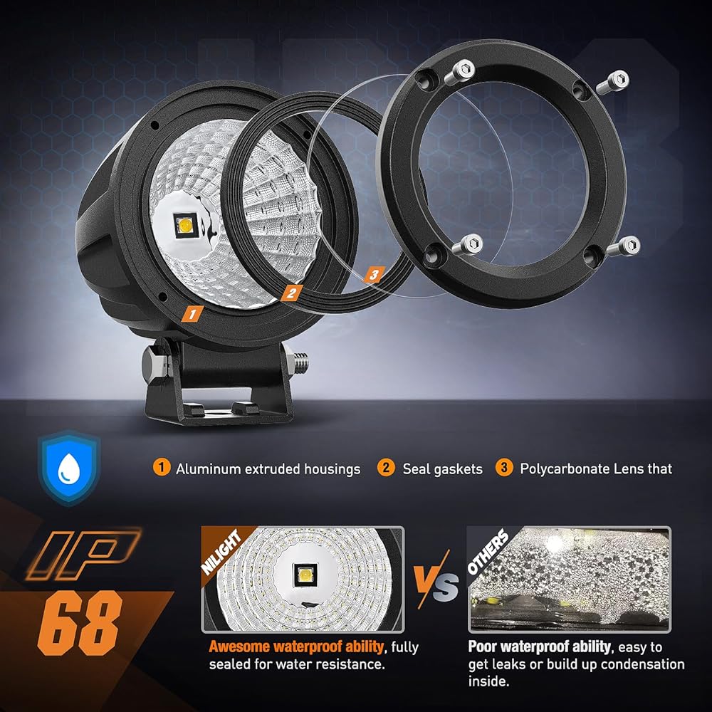 NILIGHT LED Light Pod 2 3 inch Flood Round LED Off -Road Fog Light 1080LM Built -in EMC Driving Light Auxiliary Light 18AWG DT Wiring Kit Hearness Kit SUV ATV For Truck Boat