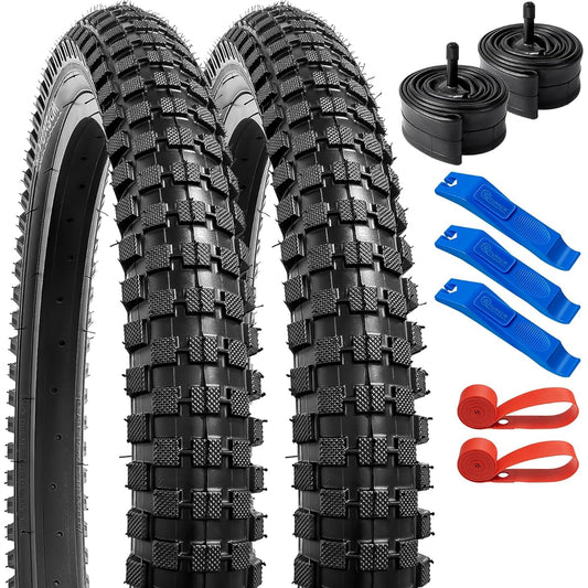 Set of 2, 20 2.4 Tire, 20x2.4 64-406 Bicycle Tire + 20x2.125/2.40 Bicycle Tube American Style Valve 32mm + Bicycle Rim Tape + Tire Lever, Tire 20x2.4, Bicycle Tire 20x2.4, Mountain Bike Tire 20 2.4, Electric bicycle tire 20 2.4,Y-1114