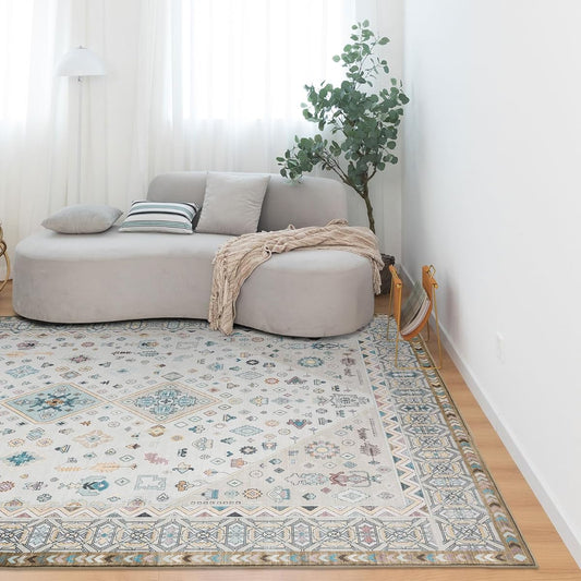 u-living Carpet, 3 Tatami Mats, Persian Rug Style, 160x230CM, Washable, Floral Pattern Rug, Mat, Fluffy, Thick, Non-Slip, Water Repellent, Dust Mite Resistant, Odor Resistant, Compatible with Underfloor Heating, Beige