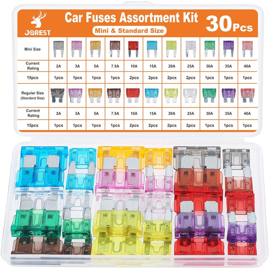 JOREST 30pcs Fuse Set for Car/Truck/Motorcycle (2A 3A 5A 7.5A 10A 15A 20A 25A 30A 35A 40A), 15pcs Mini Flat Fuse + 15pcs Flat Fuse