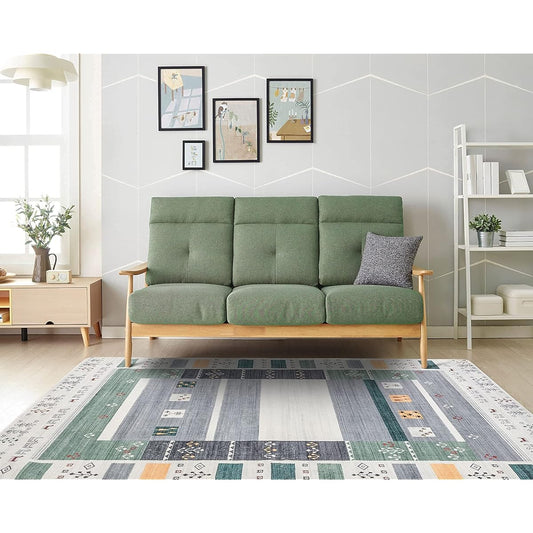 DECOMALL Carpet, 3 Tatami Mat Rug, Scandinavian Style, Stylish, 200X250CM, Washable, Fluffy, Memory Foam, All Seasons, Anti-Slip, Dust Mite Resistant, Odor Resistant, Gabbeh Pattern Carpet, Green, Compatible with Underfloor Heating