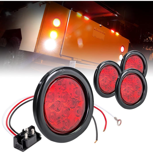4 inch round red LED Trailer Tail Light [DOT authentication] [Glomet & plug included] [IP67 Waterproof] Turn Stop Brake Trailer Light for LV Track