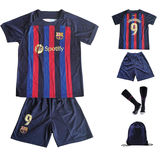 Soccer Uniform 22-23 FC Barcelona Children Adult Uniform Number 10 Robert Lewandowski Practice Wear Breathable Quick Dry Replica Support Present