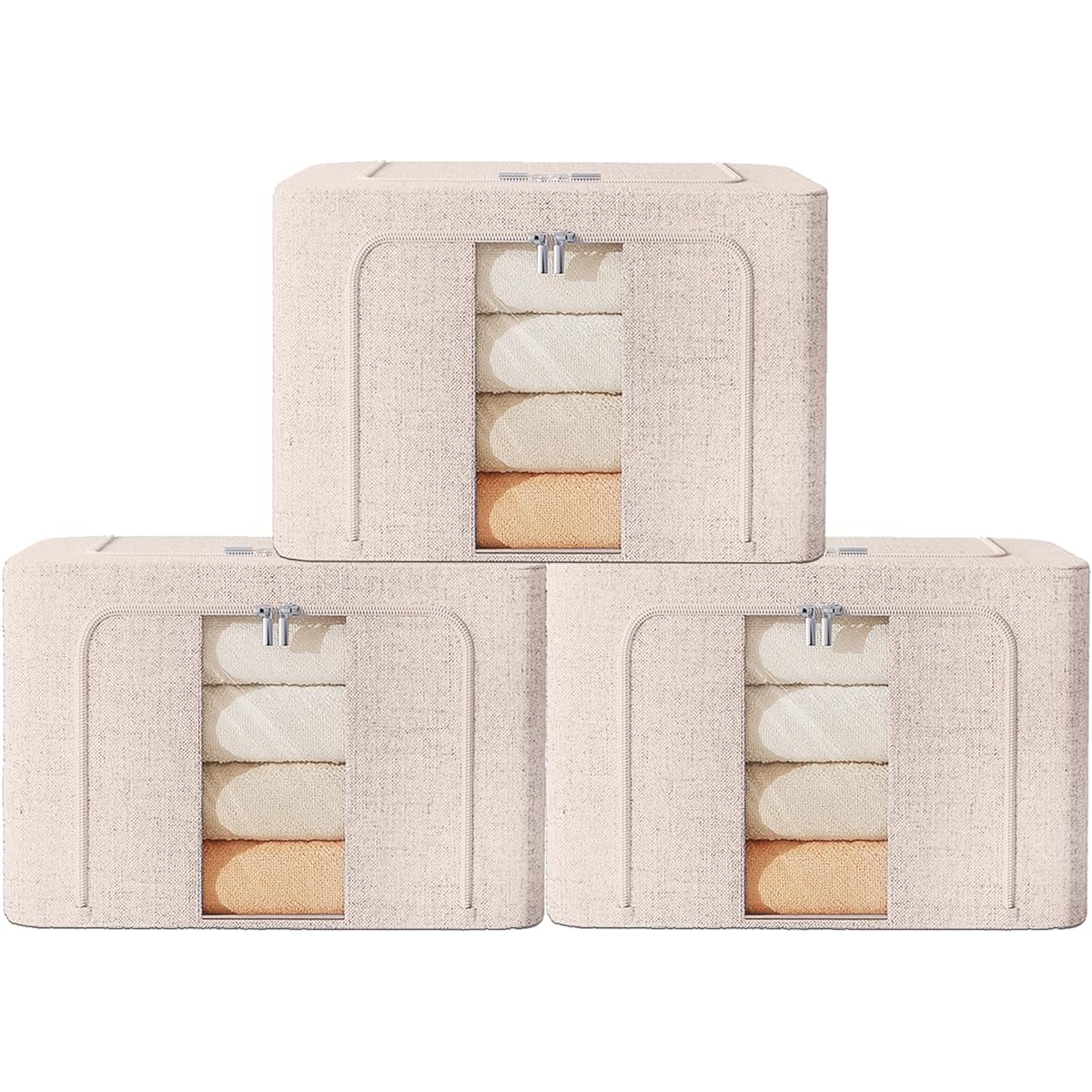 Storage Box, Storage Case Set of 3, 66L, Large Capacity, Clothes Storage, Foldable, with Handle, with Lid, Stylish, Fabric Clothes Case, with Transparent Window, Zipper (Beige-3)