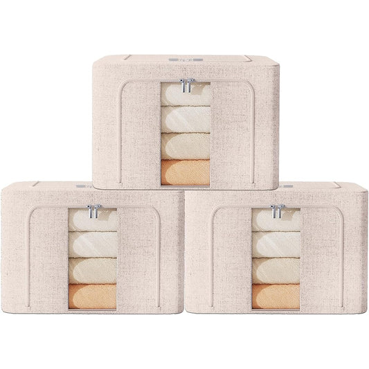 Storage Box, Storage Case Set of 3, 66L, Large Capacity, Clothes Storage, Foldable, with Handle, with Lid, Stylish, Fabric Clothes Case, with Transparent Window, Zipper (Beige-3)