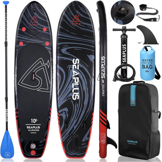 SEAPLUS SUP Inflatable Stand Up Paddle Board SUP Board Ultra Light Fishing for Sea and Lake Full Set - Includes Paddle, Pump, Safety Leash, Backpack and Waterproof Bag High Maneuverability Stability SUP Yoga Fishing Sea Summer 320x81x15cm VG-B Black