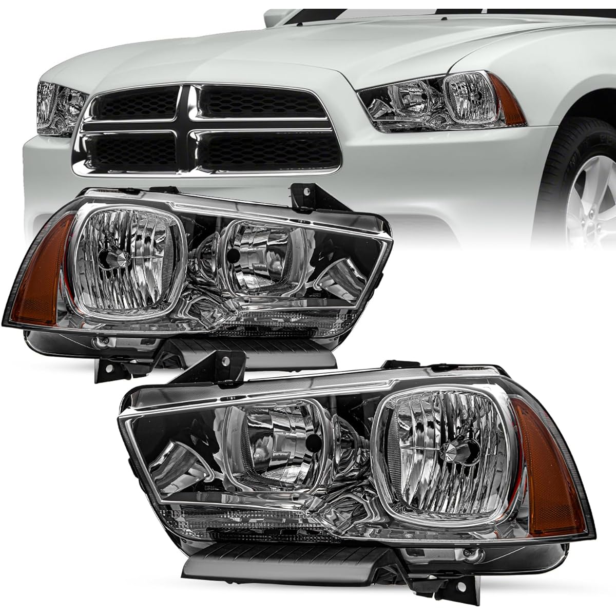 Headlight assembly set 2011/2012/2013/2014 DODGE CHARGER Smoked Black Lens Amber Reflector Halogen Head Lamp Public seat side and driver's seat side (smoke black)