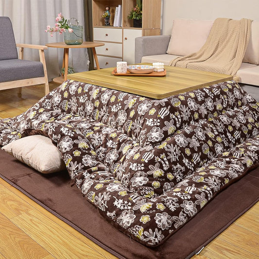 Peto-Raifu Kotatsu Futon, Thick Kotatsu Comforter, Single Comforter, Square, Reversible, Can Be Used on Both Sides, Smooth, Flannel Material, Uses Heat-generating Cotton, Heat Retention, Fully Washable, No Shedding, Plant Pattern Brown, 185 x 185 cm