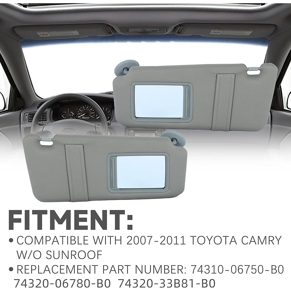 KUAFU Sun Visor Set 2007 2008 2009 2010 2011 2011 Toyota Camry Sunroof No Gray Replacement (74320-06780-B0, 74320-33B81-B0, 74310-06750-B0) Ride seat and passenger seat side