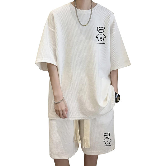 [Firome] Summer Clothing, Jersey, Men's Top and Bottom Set, Large Size T-Shirt, Men's Short Sleeve, Top and Bottom Set, Half Pants Setup, Men's, Plain, Loose Sweatshirt, Men's Top and Bottom, Casual, Stylish Sportswear