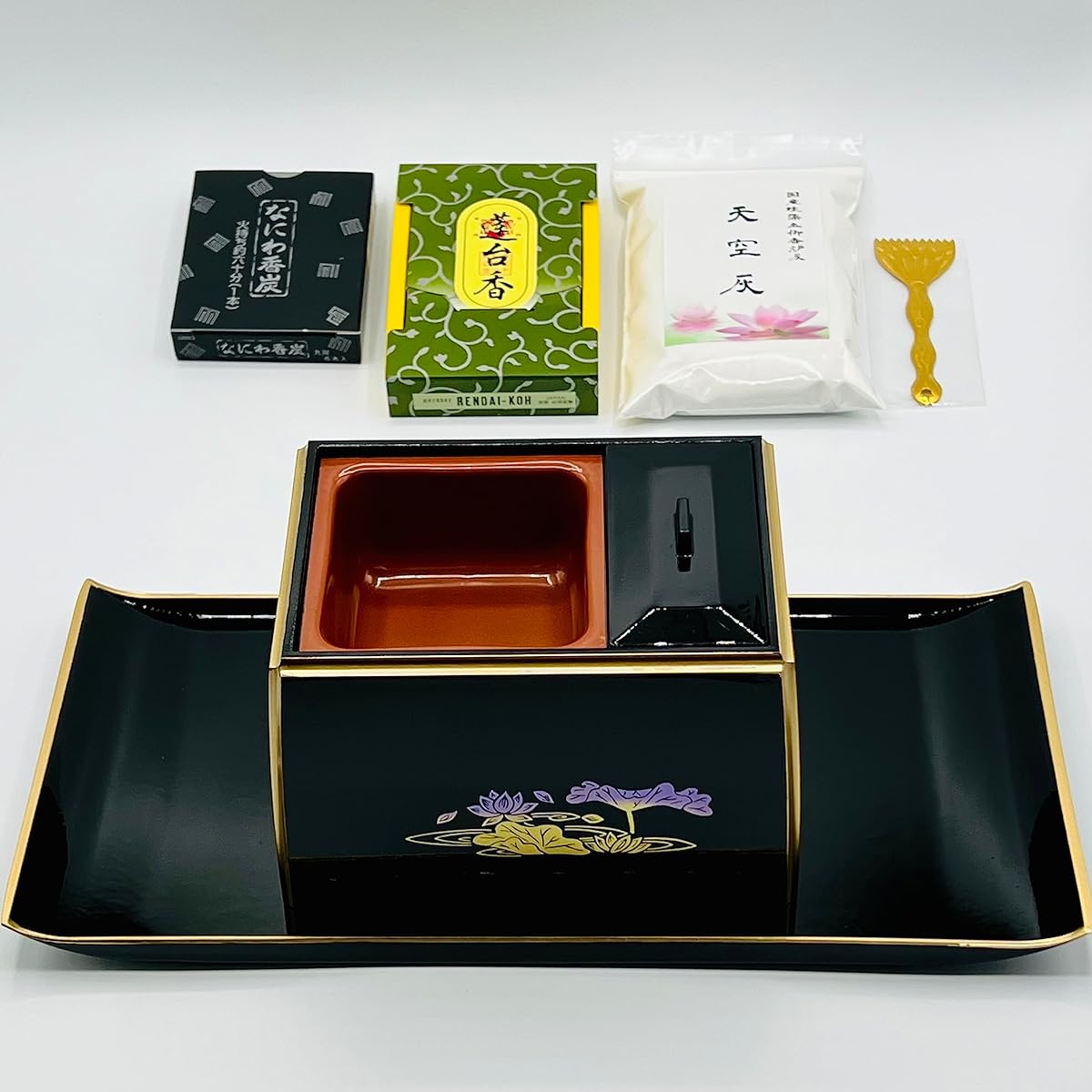 Incense burner select 6-piece set, black (gold border), 5 inches, incense burner, incense tray, incense, charcoal, ash, ash taming, made in Japan.
