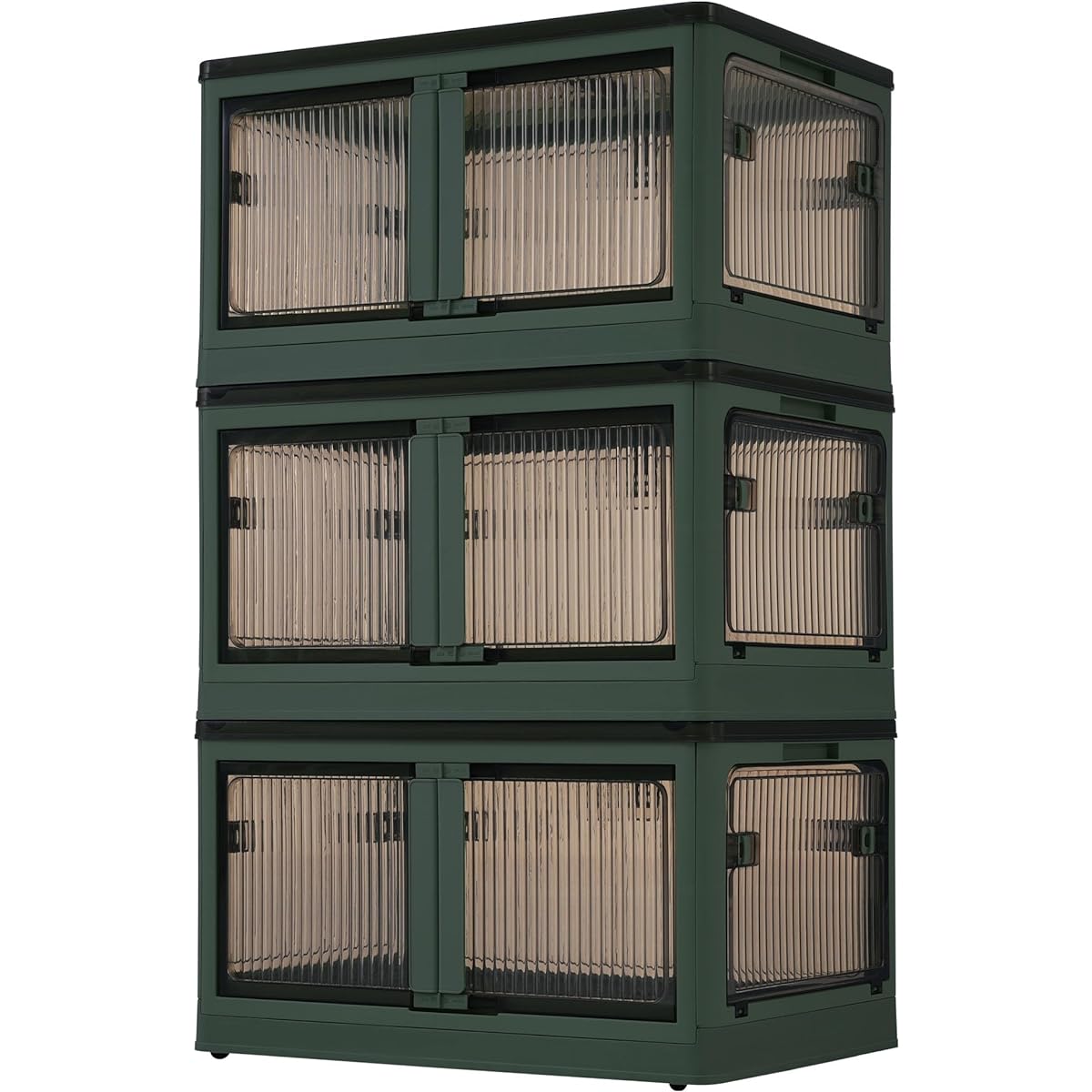 OSJ Storage Box, Storage Case, Foldable, Opens on 5 Sides, Stackable, Comes with Lid, Comes with Door, Easy to Assemble, Space Saving, Comes with Casters, Stylish, Strong Load Capacity, Large Capacity, For Home Use, Car Use (Set of 3, Green)
