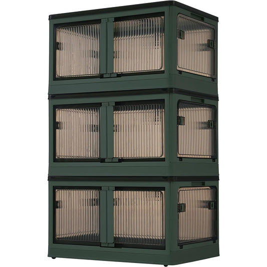 OSJ Storage Box, Storage Case, Foldable, Opens on 5 Sides, Stackable, Comes with Lid, Comes with Door, Easy to Assemble, Space Saving, Comes with Casters, Stylish, Strong Load Capacity, Large Capacity, For Home Use, Car Use (Set of 3, Green)