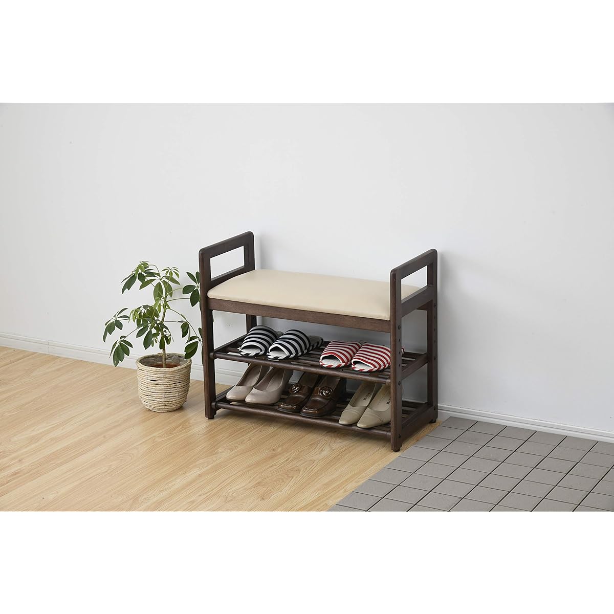 [Yamazen] Entrance Bench Width 70.5 x Depth 32.5 x Height 58.5 cm Slipper holder Easy to assemble Walnut Brown/Beige SSB-70(WBR/BE)