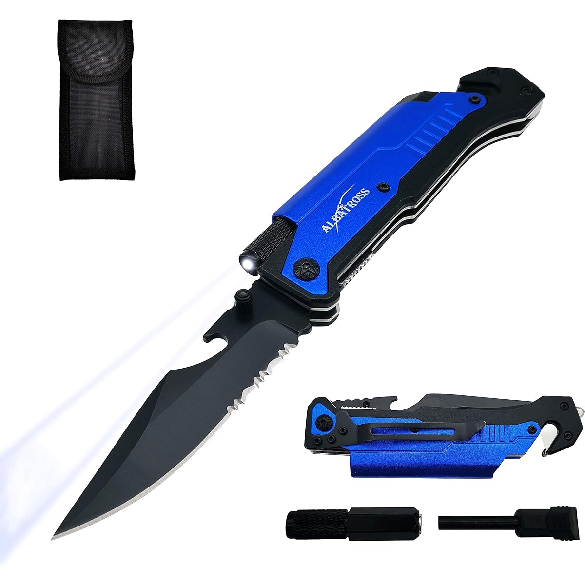 ALBATROSS 6-in-1 Survival Tactical Military Folding Pocket Knife with LED Light Seat Belt Cutter Glass Breaker Magnesium Fire Starter Bottle Opener Multifunctional Emergency Tool (Black)