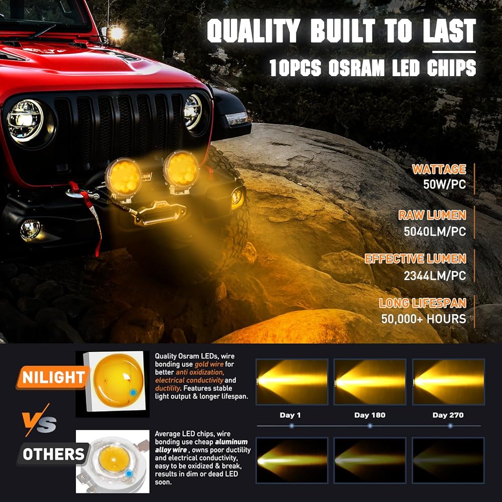 NILIGHT 5.7 inch amber LED driving light round 50W Yellow Foglight 16AWG DT connector Wiring harness IP68 Spot flood combo LED work light off -road ATV UTV track tractor