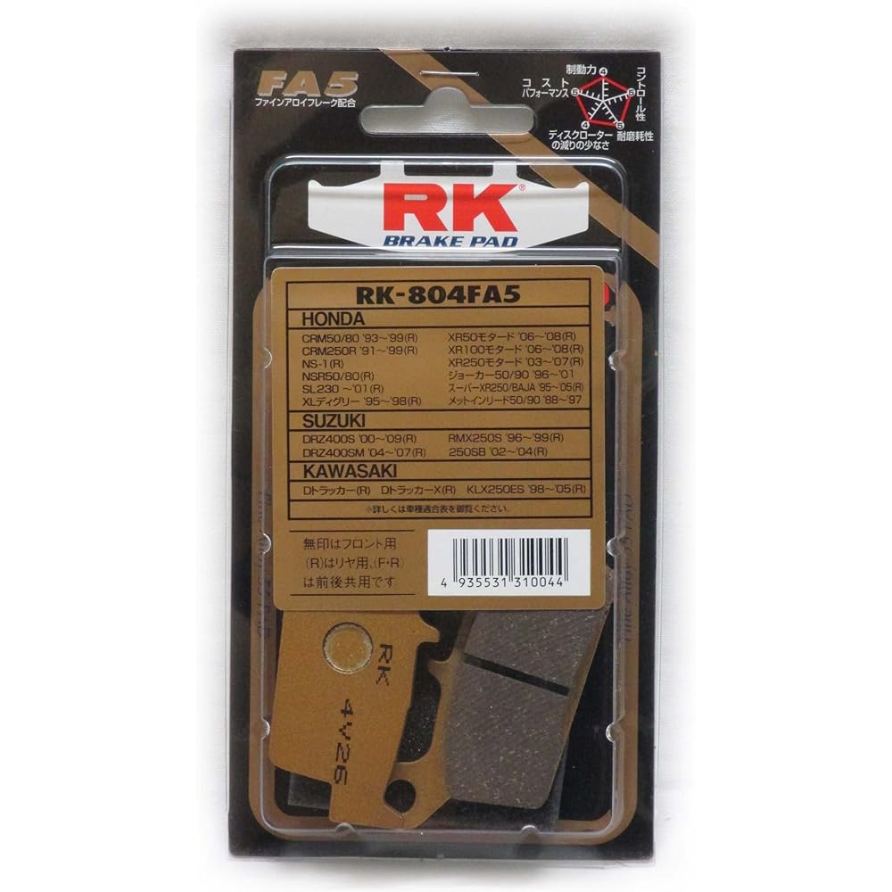 RK Brake Pad FINE ALLOY HONDA: Super XR250 '95~'02 (Rear) etc. Motorcycle Motorcycle 2 Wheel 804FA55