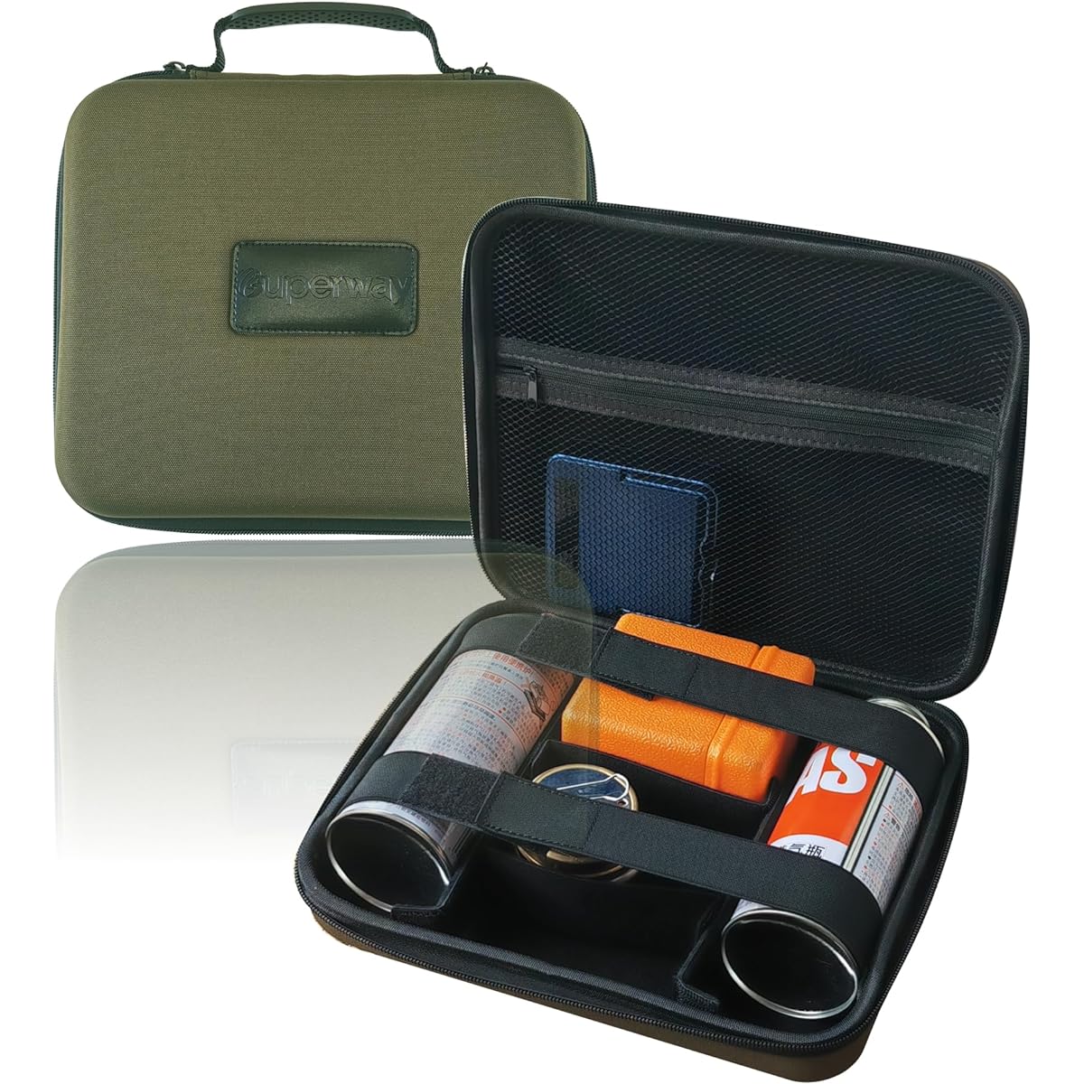 SUPERWAY Iwatani Junior Compact Burner CB-JCB Dedicated Storage Case Single Burner Compact Camping Stove Gas Canister Simultaneous Storage Compatible with ST-340 and ST-310 (Army Green)