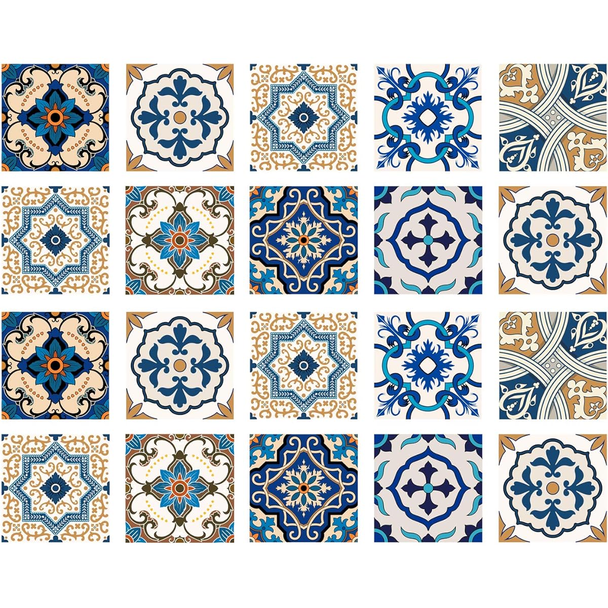 Poromoro Portuguese Spanish Azulejo Tile Stickers Peel and Stick Kitchen & Bathroom Mosaic Tile Stickers Set of 20 (7.9_ZE)