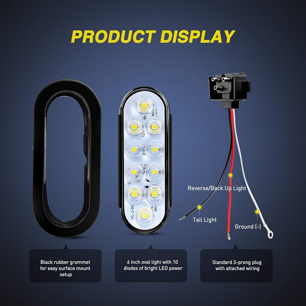 NILIGHT -TL -09 6 inch elliptical White LED Trailer Tail Light 2 LED 10 Flash Mount Gromet Plug IP67 Waterproof Reverse/Backup Trailer Light for Track Jeep